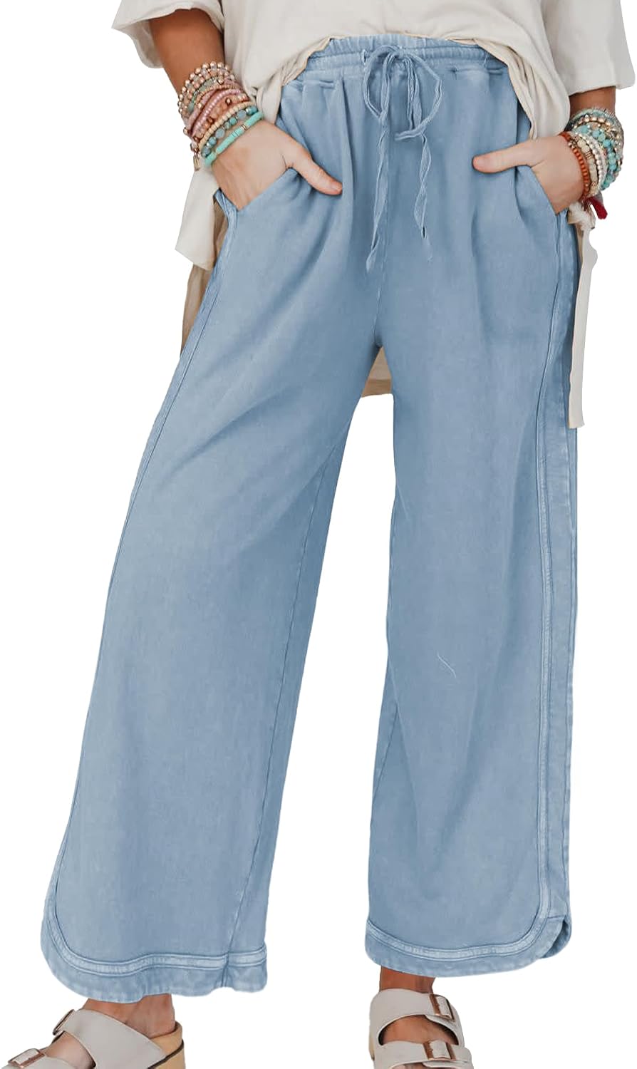 Women Casual Wide Leg Sweatpants High Waist Baggy Acid Wash Pants Drawstring Athletic Pants with Pockets