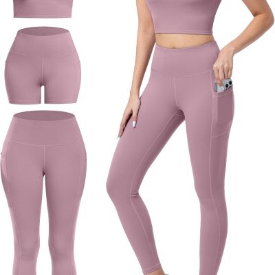 3 Piece Workout Sets for Women High Waisted Leggings with Pockets Tummy Control Biker Shorts Yoga Sports Bra