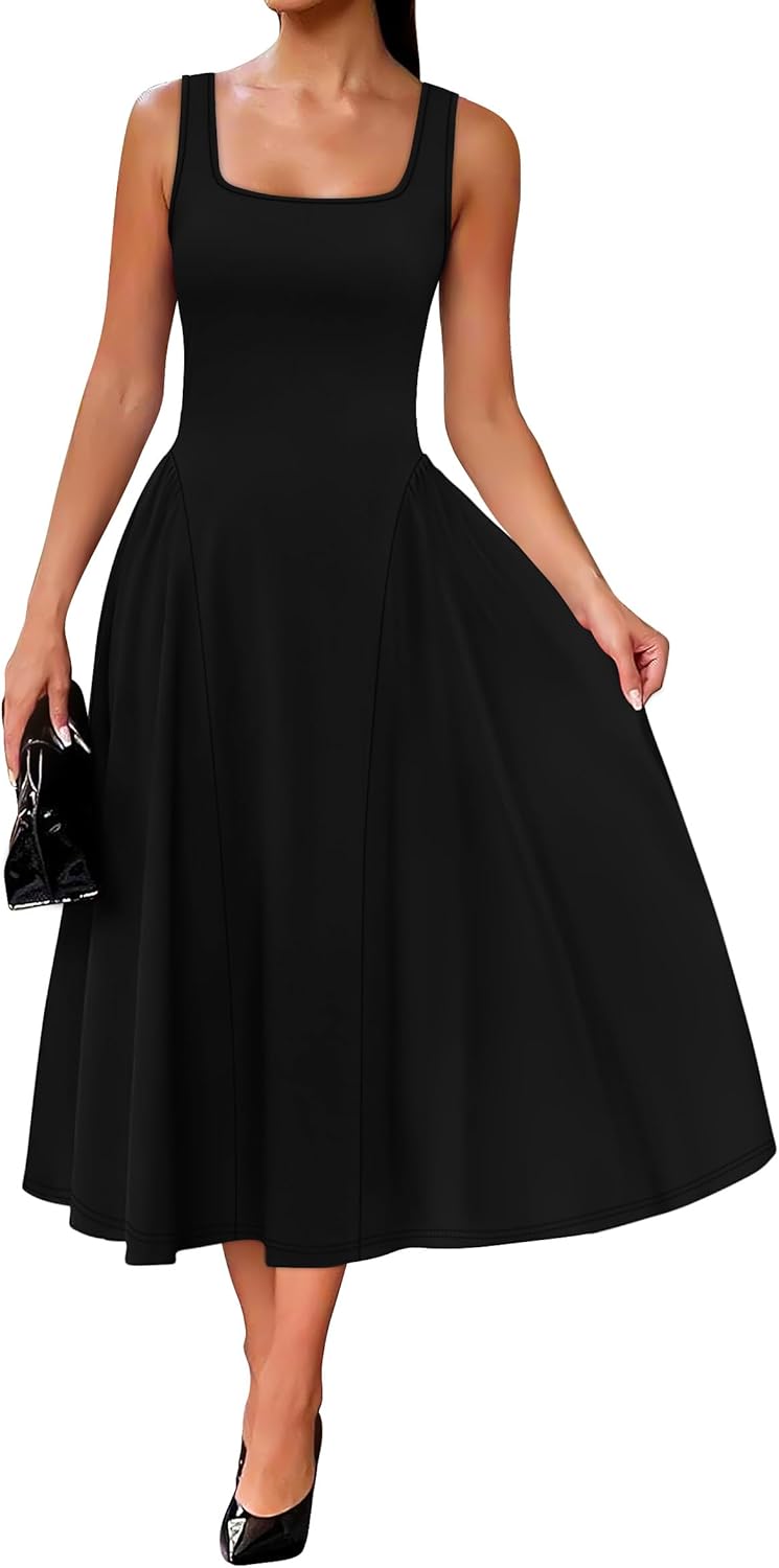 Summer Dresses for Women Square Neck Corset A Line Maxi Dress Ruffle Ruched Waist Flowy Outfits