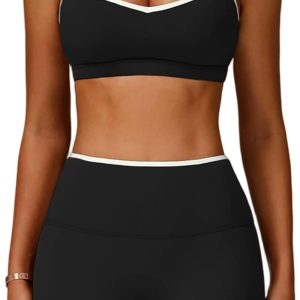 Workout Sets for Women 2 Piece Color Block Strappy Sports Bra High Waist Shorts Gym Yoga Pilates Outfits