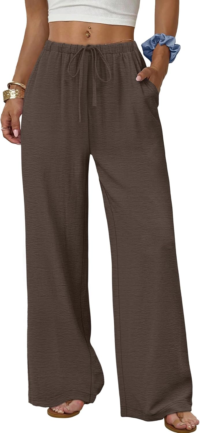 Wide Leg Pants for Women Flowy Drawstring Elastic Waist Trousers with Pockets Summer Beach Vacation Clothes