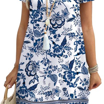 Women Summer Dresses  Ruffle Sve Round Neck Loose Swing Sundresses with Pockets Plain/Print