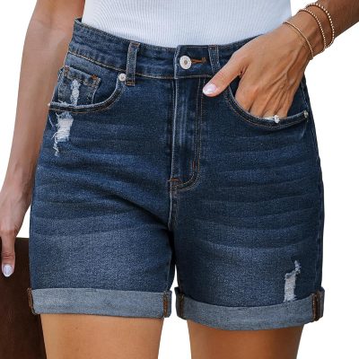 Jean Shorts Women Stretchy High Waisted Ripped Denim Shorts with Pockets Trendy Distressed Cut Off Shorts