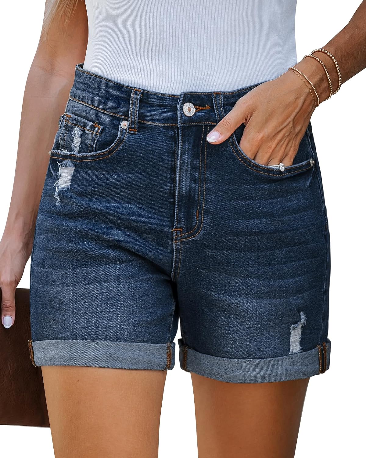 Jean Shorts Women Stretchy High Waisted Ripped Denim Shorts with Pockets Trendy Distressed Cut Off Shorts