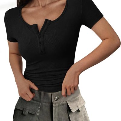Women  Summer Short Sve Tops Ribbed Henley Button Slim Fit Basic Casual T Shirts Blouse Fashion Clothing