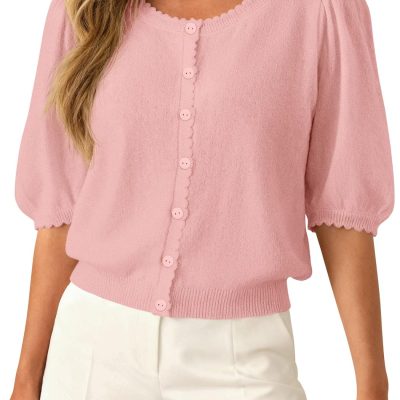 Puff Short Sve Cardigans for Women Lightweight  Summer Shirts Button Up Knit Sweater Tops Spring Clothes