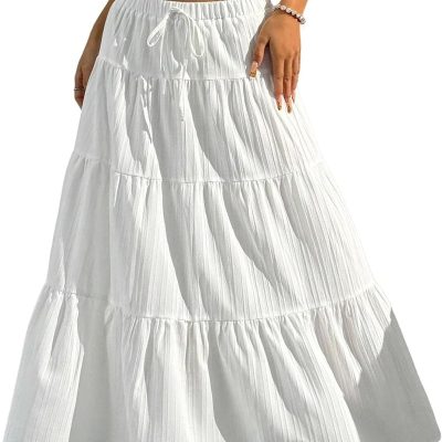 Women Boho Flowy White Maxi Skirt Flared Ruffle Elastic Waist Summer A Line  Spring Long Skirts